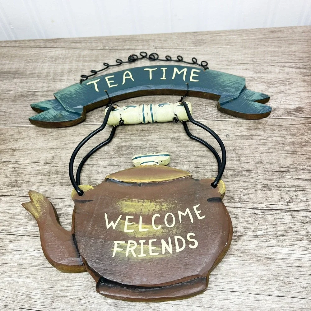 Vintage Rustic Wood Tea Time Welcome Friends Teapot Wall Hanging Kitchen Decor